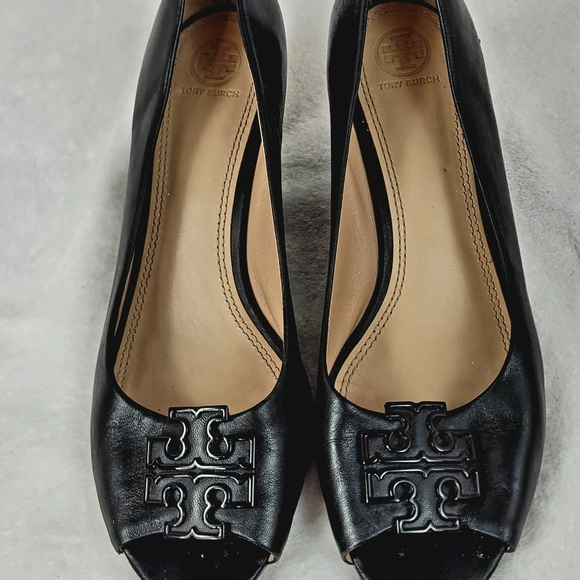 Tory Burch Shoes - Tory Burch Black Pebble Leather Chelsea Wedge Heels Size 10.5 W peeptoe